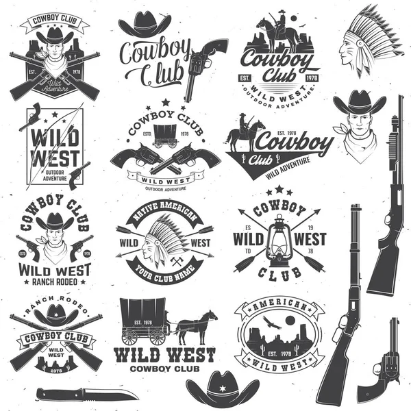 카우보이 클럽 뱃지. 랜치 로데오. 벡터입니다. 셔츠, 로고, 인쇄, 우표, 카우보이와 엽총의 개념. 서부 와 서부 소총 실루엣으로 만든 빈티지 타이포그래피 디자인. — 스톡 벡터