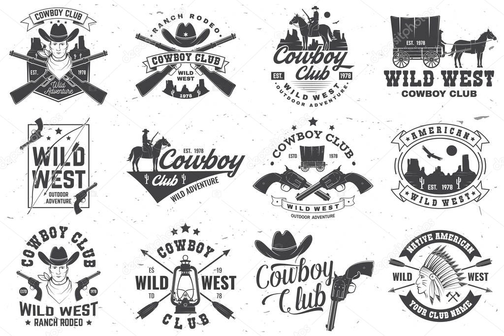 Set of cowboy club badge. Ranch rodeo. Vector illustration. Concept for shirt, logo, print, stamp, tee with cowboy and shotgun. Vintage typography design with wild west and western rifle silhouette.
