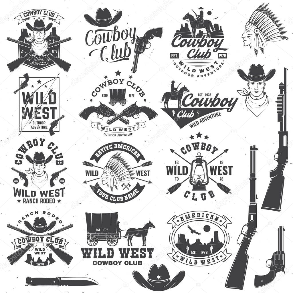 Set of cowboy club badge. Ranch rodeo. Vector illustration. Concept for shirt, logo, print, stamp, tee with cowboy and shotgun. Vintage typography design with wild west and western rifle silhouette.