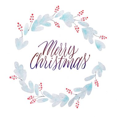 Neşeli Noel yazı. Suluboya kış dalları çelenk.