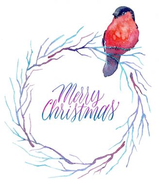 Neşeli Noel yazı. Suluboya kış dalları çelenk.