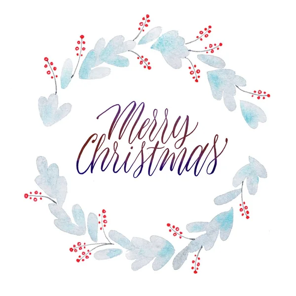 Merry Christmas lettering. Watercolor winter branches wreath. — Stock Photo, Image