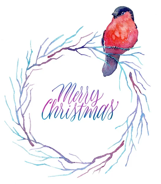 Merry Christmas lettering. Watercolor winter branches wreath. — Stock Photo, Image