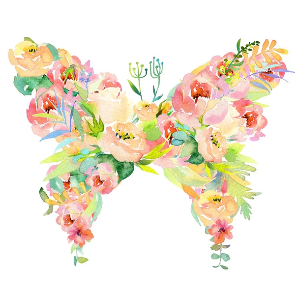 Hermosa mariposa hecha de muchas flores de acuarela diferentes — Foto de Stock