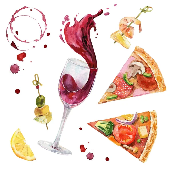 Akvarelluppsättning. Glas rött vin med vin stänk. Pizza, ost, frukt och vin staines handmålade och isolerade på vit bakgrund. — Stockfoto