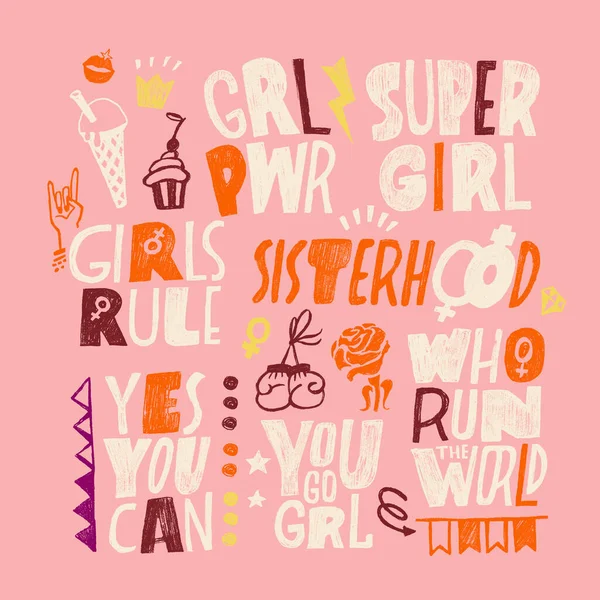 Feminizm ve vücut pozitifliğinin el yazısı koleksiyonu. Feminist ve vücudun olumlu sloganları ya da cümleleri olan renkli çıkartmalar. Çizgi film tarzında vektör illüstrasyonu