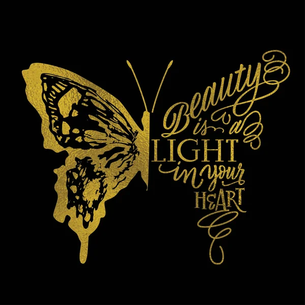 Hand lettering with golden texture in butterfly silhouette. Beauty is the light in your heart phrase - vector illustration for cards, prints, t-shirts and posters. — ストックベクタ