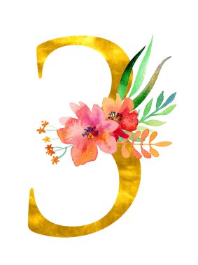 Beyaz arka planda izole edilmiş suluboya çiçek ve yapraklarla dekore edilmiş 3 numaralı klasik altın form. Düğün davetiyeleri, posterler, kartlar, ev dekorasyonu ve diğer kavramlar için resim