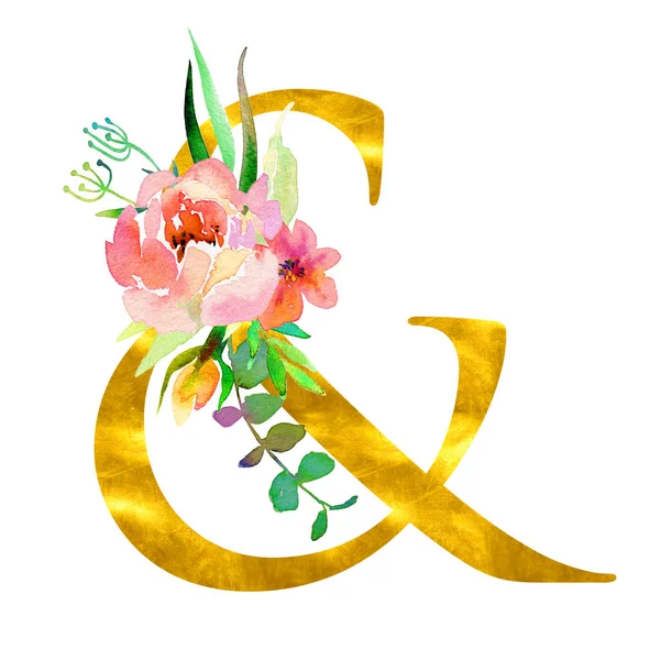 Χρυσή κλασική μορφή ampersand διακοσμημένα με λουλούδια ακουαρέλα και φύλλα, απομονώνονται σε λευκό φόντο. Πολυτελείς ενισχυτές για προσκλήσεις γάμου, αφίσες, κάρτες, διακόσμηση σπιτιού — Φωτογραφία Αρχείου