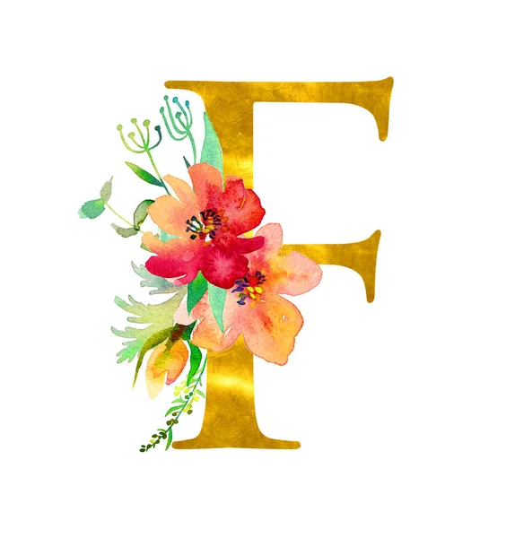 Χρυσή κλασική μορφή γράμμα F διακοσμημένο με ακουαρέλα λουλούδια και φύλλα, απομονωμένο σε λευκό φόντο. Πολυτελής μοναδικός σχεδιασμός για προσκλήσεις γάμου, αφίσες, κάρτες, διακόσμηση σπιτιού, άλλες έννοιες — Φωτογραφία Αρχείου