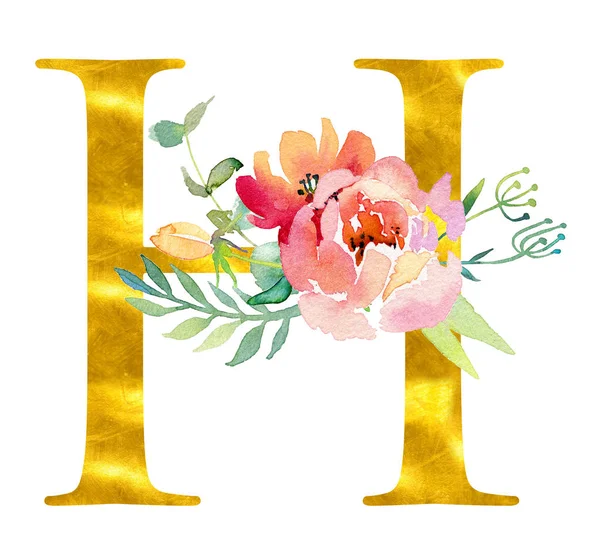 Χρυσή κλασική μορφή γράμμα H διακοσμημένο με ακουαρέλα λουλούδια και φύλλα, απομονωμένο σε λευκό φόντο. Πολυτελής μοναδικός σχεδιασμός για προσκλήσεις γάμου, αφίσες, κάρτες, διακόσμηση σπιτιού, άλλες έννοιες — Φωτογραφία Αρχείου