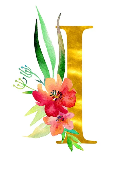 Beyaz arka planda izole edilmiş suluboya çiçek ve yapraklarla dekore ettiğim altın klasik form mektup. Düğün davetiyeleri, posterler, kartlar, ev dekorasyonu ve diğer kavramlar için lüks tasarım.