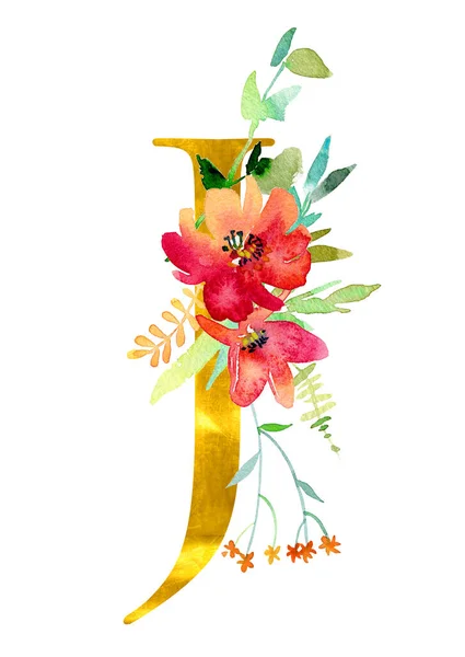 Золотая классическая форма буквы J украшена акварельными цветами и листьями, изолированными на белом фоне. Роскошный уникальный дизайн для свадебных приглашений, плакатов, открыток, украшения дома, других концепций — стоковое фото