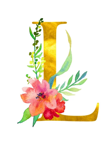Beyaz arka planda izole edilmiş suluboya çiçek ve yapraklarla süslenmiş L harfi. Düğün davetiyeleri, posterler, kartlar, ev dekorasyonu ve diğer kavramlar için lüks tasarım.