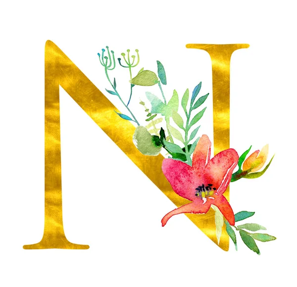 水彩画の花や葉で飾られた黄金の古典的なフォームの手紙Nは、白い背景に隔離されました。結婚式の招待状、ポスター、カード、家の装飾、その他の概念のための豪華なユニークなデザイン — ストック写真