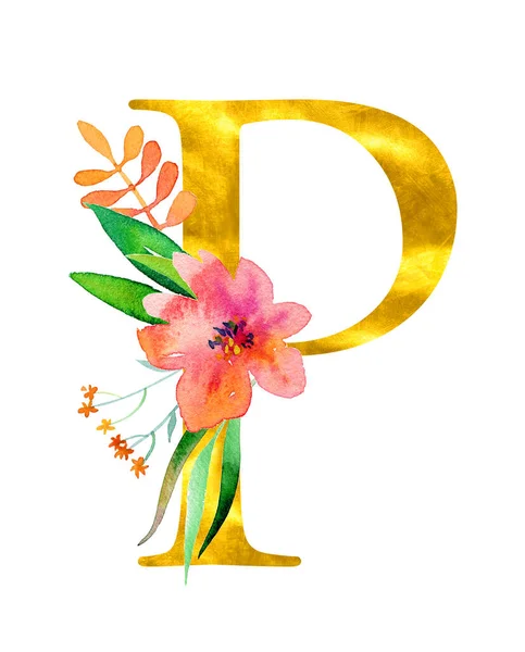 Χρυσή κλασική μορφή γράμμα P διακοσμημένα με λουλούδια ακουαρέλα και φύλλα, που απομονώνονται σε λευκό φόντο. Πολυτελής μοναδικός σχεδιασμός για προσκλήσεις γάμου, αφίσες, κάρτες, διακόσμηση σπιτιού, άλλες έννοιες — Φωτογραφία Αρχείου