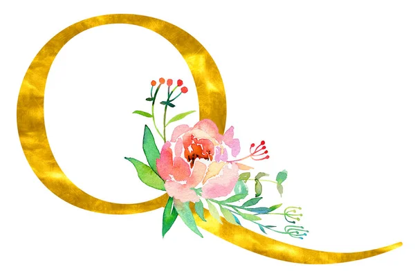 Forma clásica dorada letra Q decorada con flores y hojas de acuarela, aisladas sobre fondo blanco. Diseño único de lujo para invitaciones de boda, carteles, tarjetas, decoración casera, otros conceptos — Foto de Stock