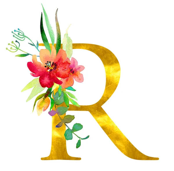 Altın klasik harf R, suluboya çiçekler ve yapraklarla süslenmiş, beyaz arka planda izole edilmiş. Düğün davetiyeleri, posterler, kartlar, ev dekorasyonu ve diğer kavramlar için lüks tasarım. — Stok fotoğraf
