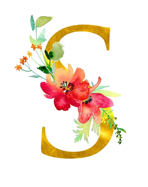 Χρυσή κλασική μορφή γράμμα S διακοσμημένο με ακουαρέλα λουλούδια και φύλλα, απομονωμένο σε λευκό φόντο. Πολυτελής μοναδικός σχεδιασμός για προσκλήσεις γάμου, αφίσες, κάρτες, διακόσμηση σπιτιού, άλλες έννοιες — Φωτογραφία Αρχείου