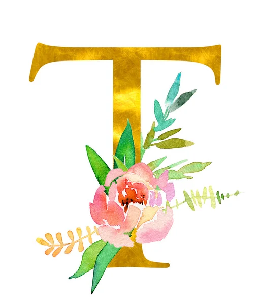 Forma clásica dorada letra T decorada con flores y hojas de acuarela, aisladas sobre fondo blanco. Diseño único de lujo para invitaciones de boda, carteles, tarjetas, decoración casera, otros conceptos — Foto de Stock