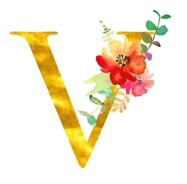 Золотая классическая форма буква V, украшенная акварельными цветами и листьями, выделенная на белом фоне. Роскошный уникальный дизайн для свадебных приглашений, плакатов, открыток, украшения дома, других концепций — стоковое фото