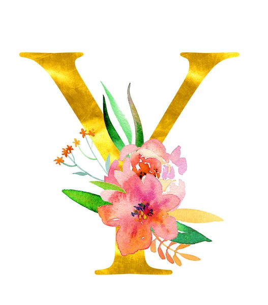 水彩の花や葉で飾られた黄金の古典的なフォームの手紙Yは、白い背景に隔離されました。結婚式の招待状、ポスター、カード、家の装飾、その他の概念のための豪華なユニークなデザイン — ストック写真