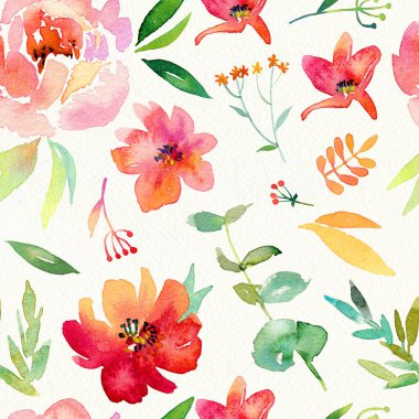 Parlak pembe ve sarı renkli suluboya çiçekli duvar kağıdı desenli şakayıklı. Duvar kağıdı, ambalaj kağıdı, kumaş vs. için kusursuz desen..