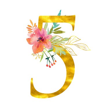 Beyaz arka planda izole edilmiş suluboya çiçekleri ve yapraklarla süslenmiş altın klasik rakam 5. Düğün davetiyeleri, posterler, kartlar, ev dekorasyonu için zarif suluboya çizimleri