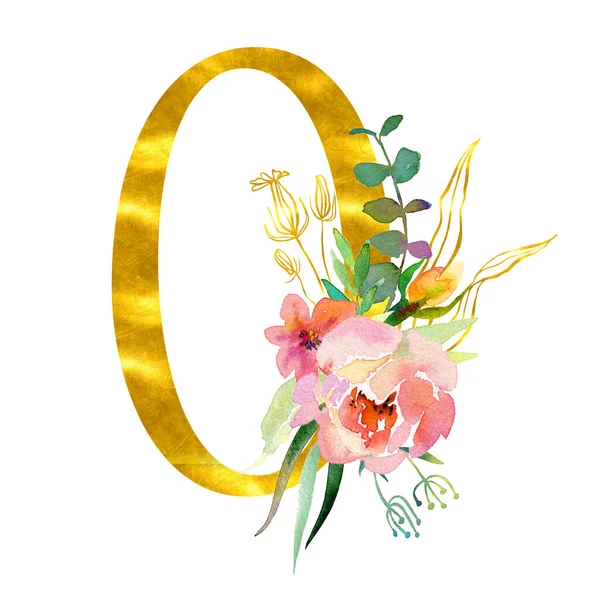 水彩の花や葉で飾られた黄金の古典的な形の数字0は 白い背景に隔離されました 結婚式の招待状 ポスター カード 家の装飾のためのエレガントな水彩画のイラスト — ストック写真