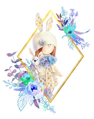 Altın çerçeveli, elle çizilmiş suluboya çiçekli şirin bir bebek. Modern suluboya resimleme. Davetiye için güzel bir kart, Anneler Günü, doğum günü, Paskalya, Sevgililer Günü.