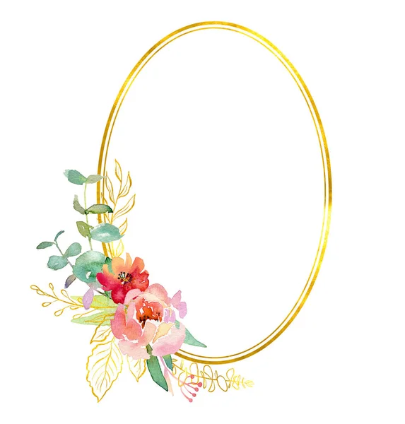 Vintage Χειροποίητα Λουλούδια Και Χρυσό Πλαίσιο Σύγχρονη Floral Ακουαρέλα Εικόνα — Φωτογραφία Αρχείου