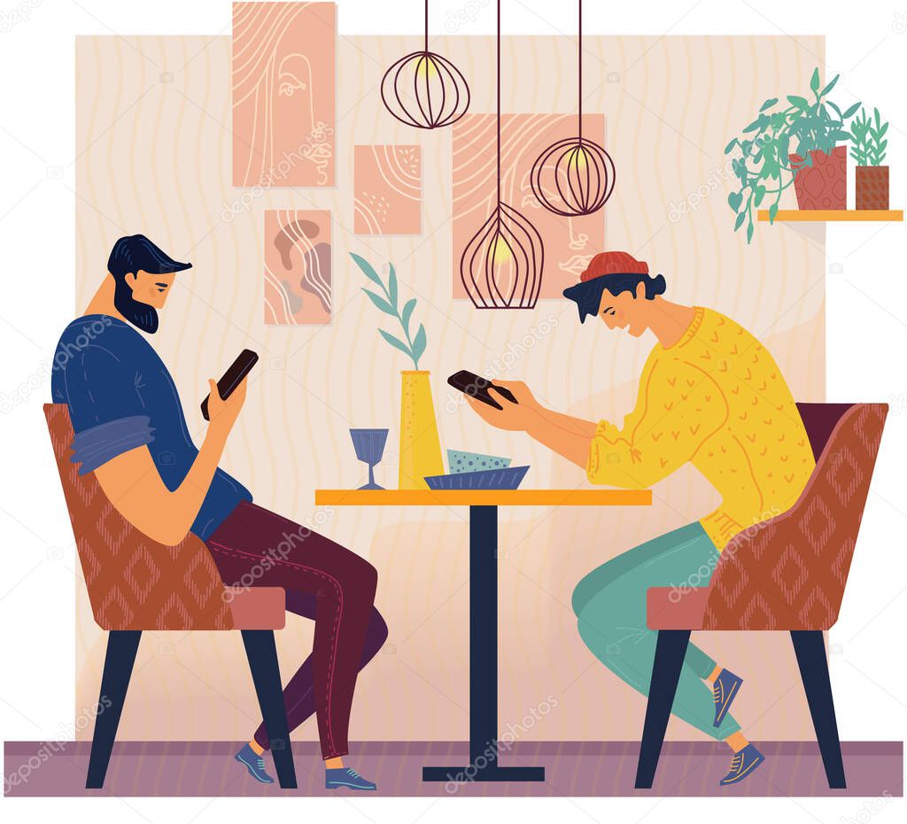 Gadget addiction concept flat vector illustration. Men using portable electronics. Social media networks users. People holding smartphones and spending time online in cafe.