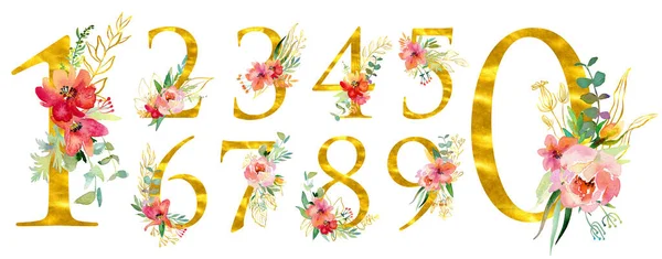黄金の数字1 0水彩の花と葉で飾られた白い背景に隔離された結婚式の招待状のポスターカードのためのエレガントな水彩イラスト家の装飾 — ストック写真