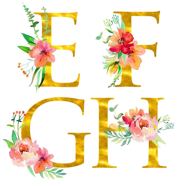 Golden classical form letters E, F, G, H decorated with watercolor flowers and leaves, isolated on white. Luxury design for wedding invitations, posters, cards, home decoration, other concepts