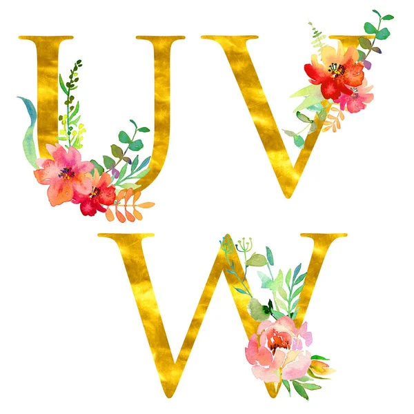 Golden classical form letters U, V, W decorated with watercolor flowers and leaves, isolated on white. Luxury design for wedding invitations, posters, cards, home decoration, other concepts