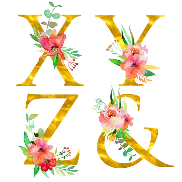 黄金の古典的なフォーム文字X 水彩の花や葉で飾られ 白に隔離された 結婚式の招待状 ポスター カード 家の装飾 その他の概念のための豪華なデザイン — ストック写真
