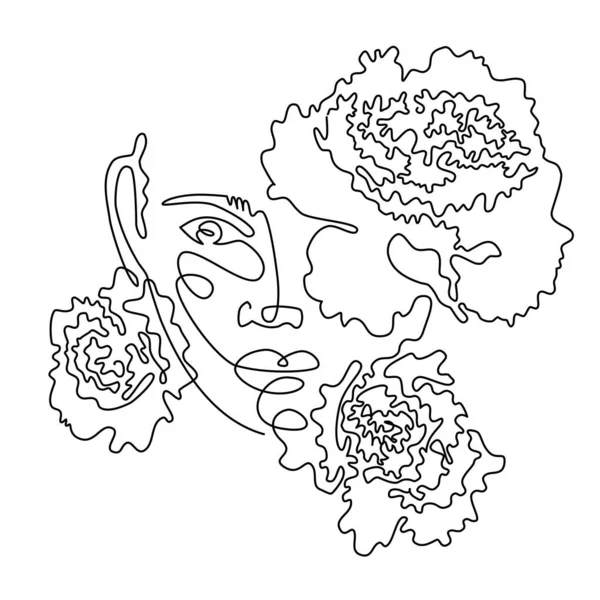 花の抽象的な顔- 1つのラインベクトル図面。ミニマルなスタイルの肖像画。植物プリント。ファッションプリント。美容室や化粧品のロゴ. — ストックベクタ