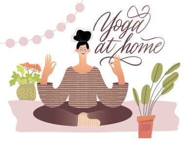 Yoga pozisyonu almış meditasyon yapan genç bir kadın. Evde meditasyon yapan bir kız. Fiziksel ve ruhsal uygulama. Çizgi film tarzında vektör illüstrasyonu. 
