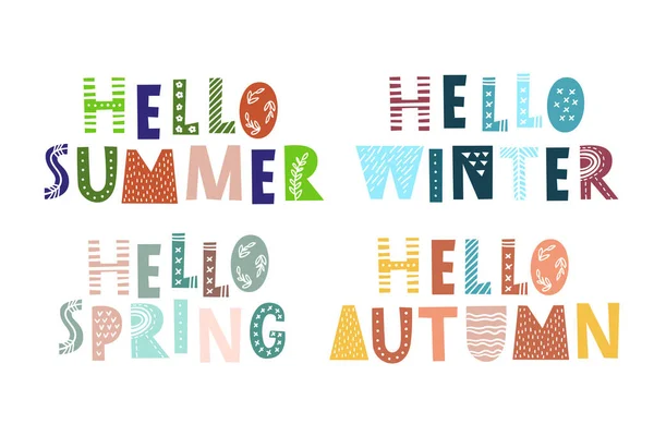 Merhaba yaz baharı sonbahar kışı. İskandinav tarzında elle yazılmış bir yazı. Günlük, takvim, planlayıcı, poster, selamlama, durağan, davetiyeler için el çizimi renkli harfler — Stok Vektör