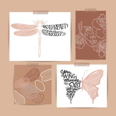 Modern posterler. Elle yazılmış alıntıyla yusufçuk. Zarif zarif bir portre portresi. Zarif soyut sanat. Üzerinde harfler olan kelebek. Moda çizimleri. El çizimi vektör trendleri..