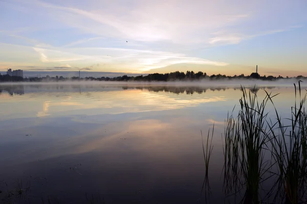 Paesaggio mattutino. Nebbia sul fiume . — Foto Stock