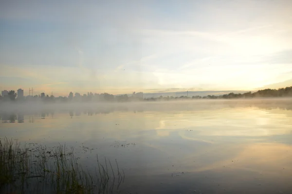 Paisagem da manhã.Nevoeiro sobre o rio . Imagens De Bancos De Imagens