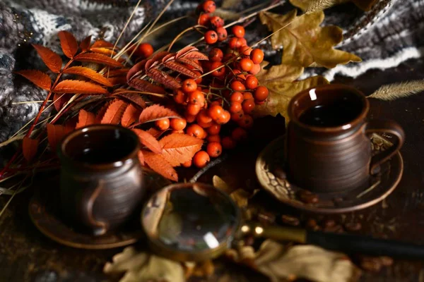 Autumn Still Life. Brown ceramic coffee cups. — Stock Photo, Image