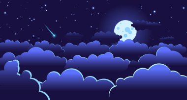 vektör gece gökyüzü, bulutlar, ay, yıldızlar, kuyruklu yıldız, arkaplan, düz biçim