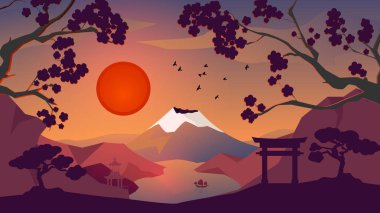 Japonya arka plan deseni, Fuji dağı, deniz kenarında kar, günbatımı manzarası arka plan, kırmızı güneş, pembe sakura ağaçları, Japon evleri ve teknesi, Vektör çizimi.