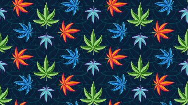 Kenevir yapraklı kusursuz desen. Esrar, sativa, indica, marihuana. Vektör İllüstrasyon arkaplanı