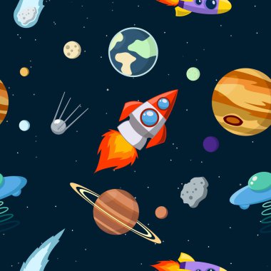 Güneş sistemi vektör çocukları gezegende kusursuz desen çiziyor. Roket, UFO, gezegen illüstrasyonu, duvar kağıdı, tekstil ve doku tasarımı için harika. Çocuk tasarımı, kumaş, ambalaj, giysi.
