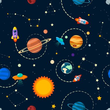 Güneş sistemi vektör çocukları gezegende kusursuz desen çiziyor. Roket, UFO, gezegen illüstrasyonu, duvar kağıdı, tekstil ve doku tasarımı için harika. Çocuk tasarımı, kumaş, ambalaj, giysi.