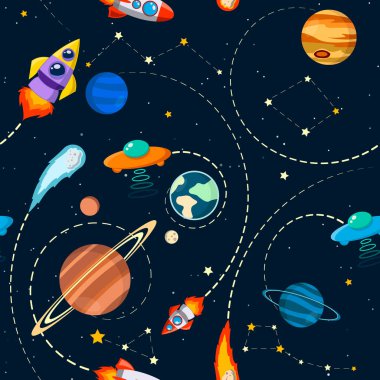 Güneş sistemi vektör çocukları gezegende kusursuz desen çiziyor. Roket, UFO, gezegen illüstrasyonu, duvar kağıdı, tekstil ve doku tasarımı için harika. Çocuk tasarımı, kumaş, ambalaj, giysi.