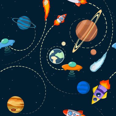 Güneş sistemi vektör çocukları gezegende kusursuz desen çiziyor. Roket, UFO, gezegen illüstrasyonu, duvar kağıdı, tekstil ve doku tasarımı için harika. Çocuk tasarımı, kumaş, ambalaj, giysi.
